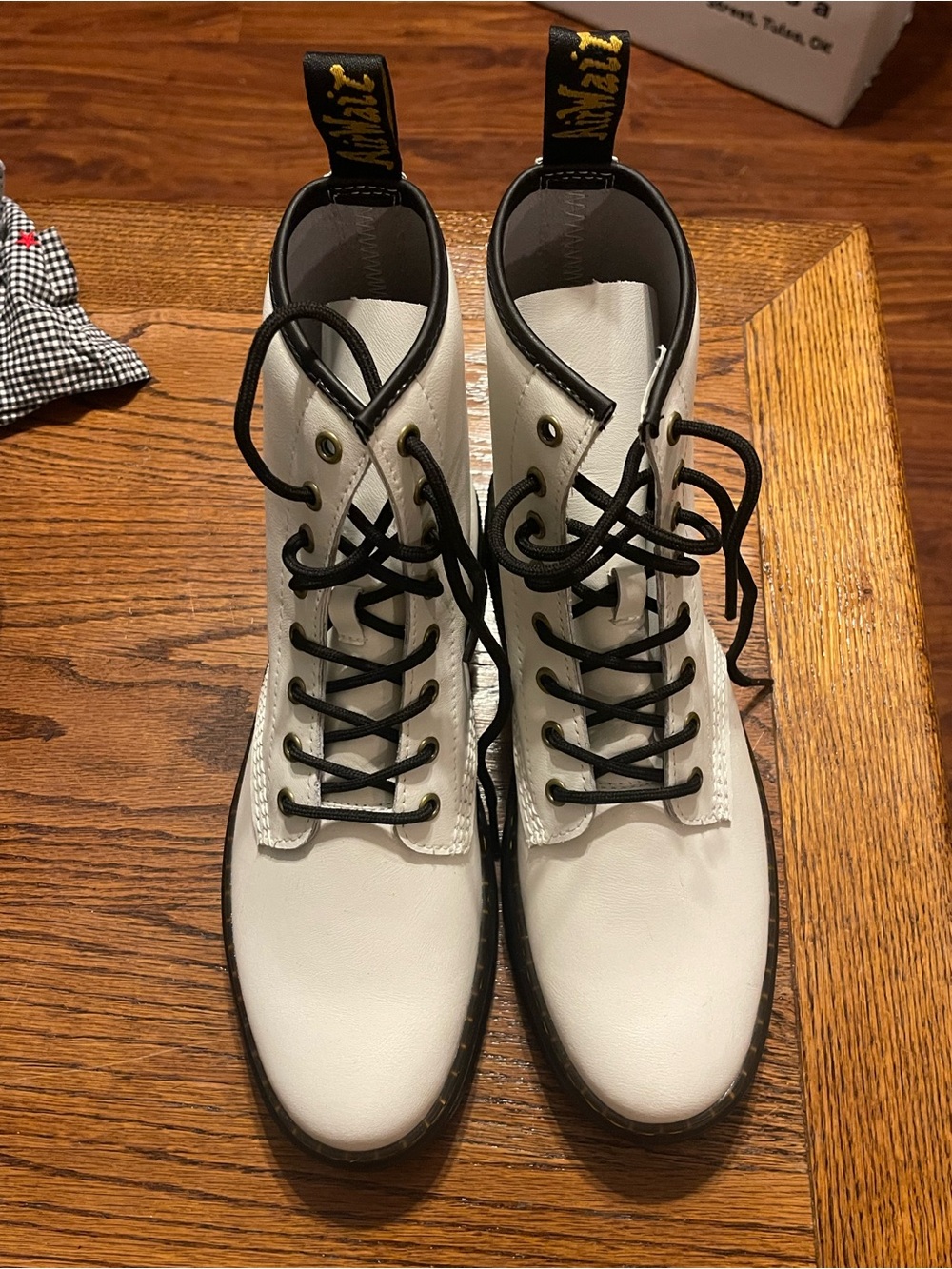 Dr. Martens White Leather Boots with Black Trim and Yellow Pull Tab - Picture 3 of 7